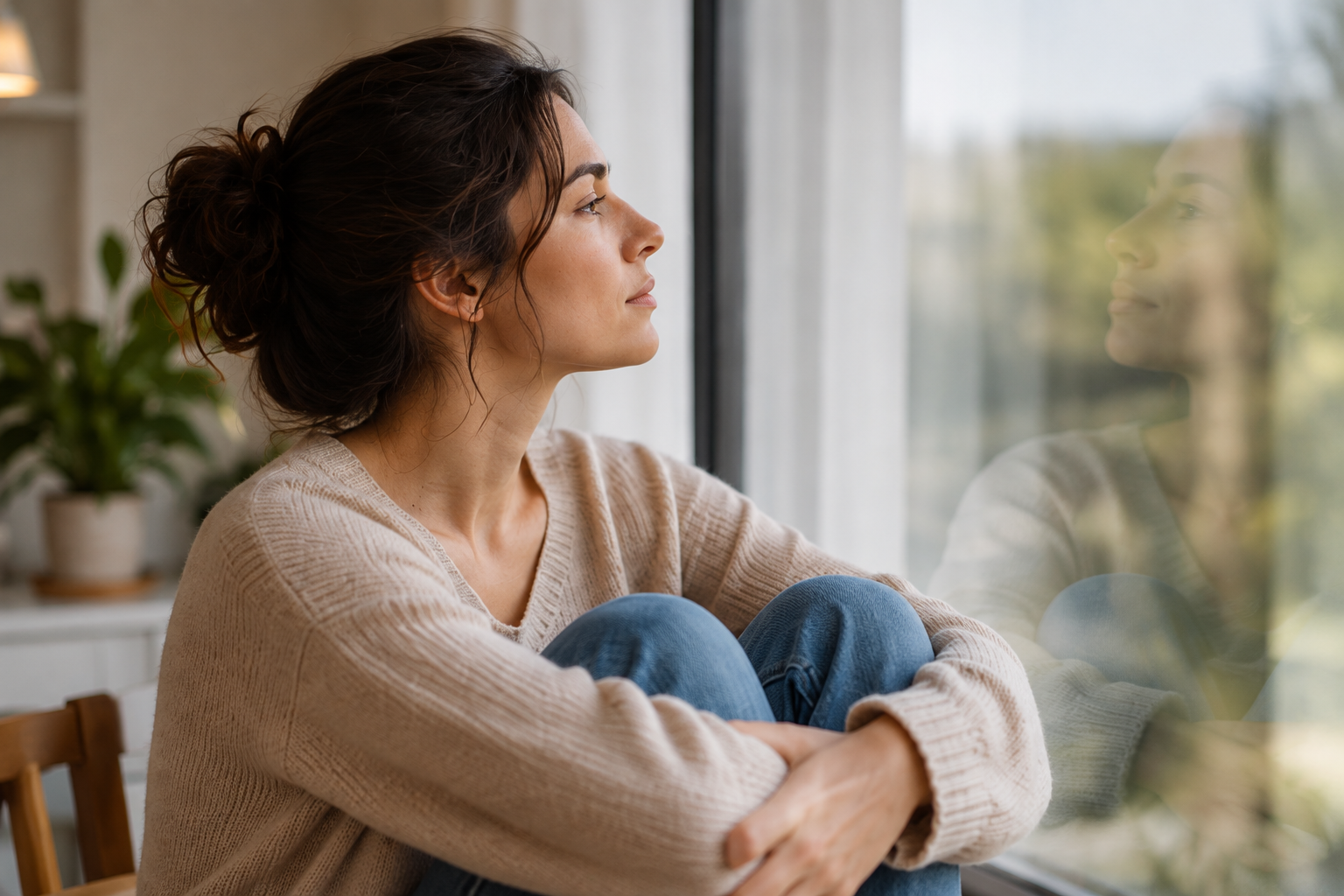 Dona reflexionant sobre les seves emocions i relacions